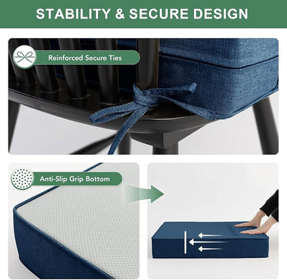 Summsun Outdoor Chair Cushions, Faux Linen Backrest and Seat Cushion Set for Patio Furniture with Weather Resistant Removable Cover, Straps, Non-Slip Bottom, 19 x 19 Inch, Navy