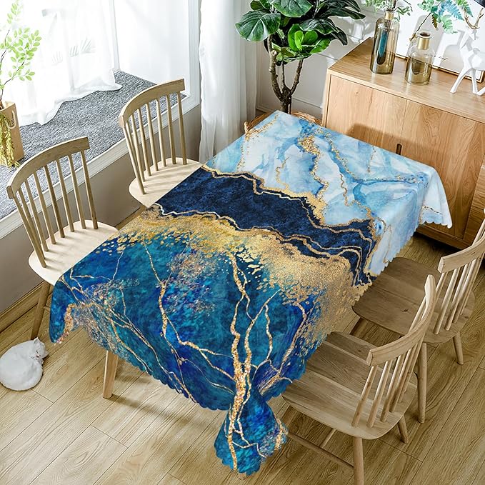 52x70inch Blue Marble Tablecloth Navy Blue Marble with Gold Crack Modern Luxury Ink Art Table Cloth Oil Proof Wrinkle Free Polyester Table Cover for Dining Room Kitchen Buffet Party Supplies