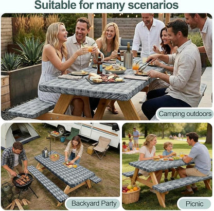 Picnic Table Cover with Bench Covers Camping Essentials Waterproof Windproof Camping Tablecloth with Drawstring Bag, Fitted Rectangle Tables and Seats, 72in, Dark Gray