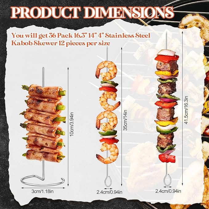 36 Pack 16.3in/14in/3.9in Stainless Steel Kabob Skewer for Grilling, Bacon Skewers, Metal Barbecue Skewers, Large and Mini BBQ Sticks for Baking, Camping, Family Gatherings