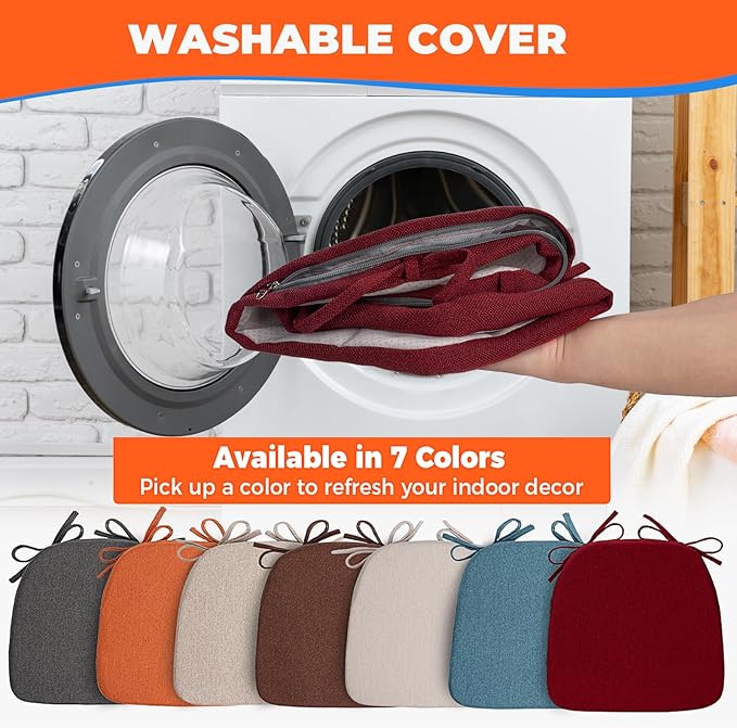 Sunsleek Chair Cushions for Dining Chairs, D-Shaped Seat Cushions with Removable Washable Cover and Ties, Chair Pads for Kitchen, Indoor Dining Room, Patio Chairs, 17'' x 16'', Set of 2, Red