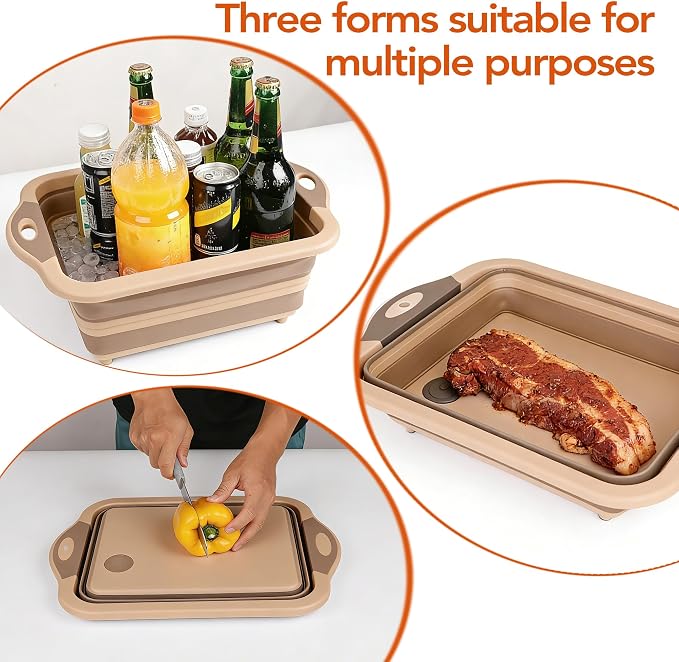 QiMH Collapsible BBQ Prep Tub, Picnic Basket with Lid, Foldable Dish Basin, Food Grade Silicone Cutting Board for Washing and Draining Veggies and Fruits, Portable for Camping, Traveling, and Kitchen