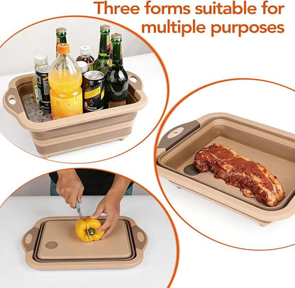 QiMH Collapsible BBQ Prep Tub, Picnic Basket with Lid, Foldable Dish Basin, Food Grade Silicone Cutting Board for Washing and Draining Veggies and Fruits, Portable for Camping, Traveling, and Kitchen