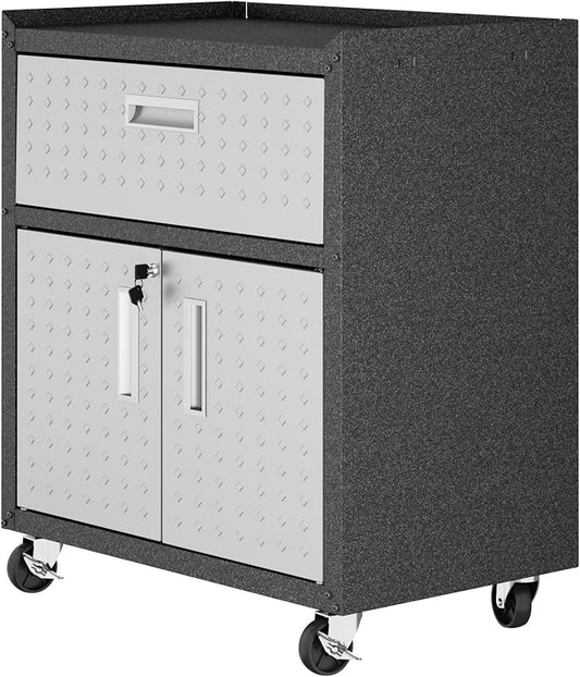 Manhattan Comfort Fortress Textured Metal 31.5" Garage Mobile Cabinet with 1 Full Extension Drawer and 2 Adjustable Shelves, Black/Gray