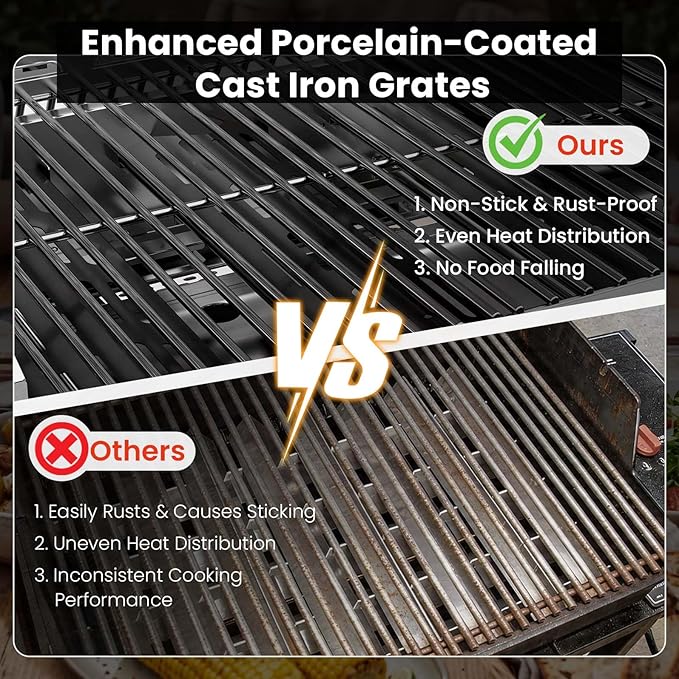 COWSAR 3 Burner Propane Gas Grill, 24,000 BTU Outdoor BBQ Grill with Side Table, Porcelain-Coated Cast Iron Grates, Removable Grease Tray for Backyard Cooking