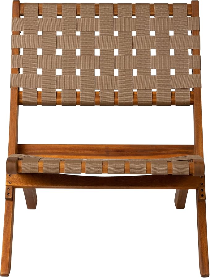 64098 Sava Indoor Outdoor Folding Chair Low Slung Portable Seating Solid Acacia Wood Woven Seat & Back Indoors Porch Lawn Garden Fishing Sporting - Brown Webbing