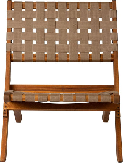 64098 Sava Indoor Outdoor Folding Chair Low Slung Portable Seating Solid Acacia Wood Woven Seat & Back Indoors Porch Lawn Garden Fishing Sporting - Brown Webbing