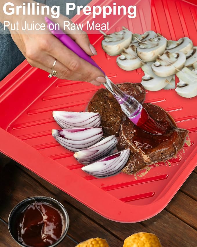 ECOIOU Grilling Prep and Serving Tray with Lid, Bamboo Cutting Board | BBQ Deep Trays for Marinating Raw and Cooked Food, Melamine Serving Trays for Food, Black and Red