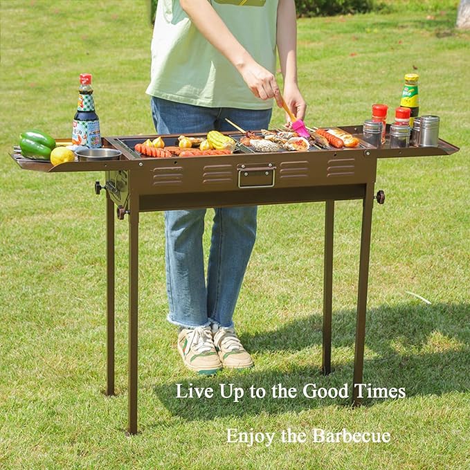 Charcoal Stainless Steel Barbecue Grill, Folding Barbecue Grill, Indoor Outdoor Portable, Height Adjustable, Camping Picnic Party for 5-10 People