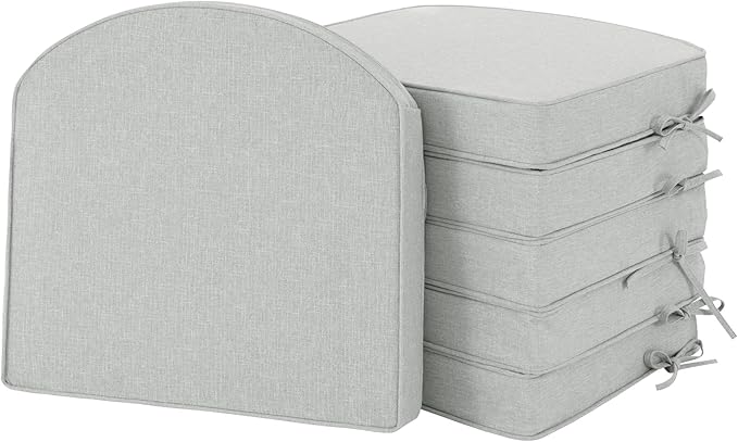 Outdoor Chair Cushions D Shaped, Set of 6, 17 x 16 Inch, Light Grey | Water Resistant, Fade Resistant, Patio Furniture Seat Chair Pads Replacement with Ties, Non-Slip Bottom, Removable Cover