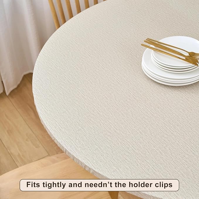 LIBERECOO Round Vinyl Fitted Tablecloth with Flannel Backing Elastic Edge Table Cover Waterproof Stain-Resistant Wipeable Tablecloths Fits 40-44 Inch Round Tables