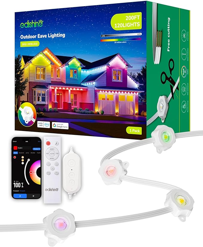 EDISHINE 200FT Outdoor Permanent Lights for House, Cuttable 120 RGBIC LED Smart Eave Lights, 111+ Scene Modes Outdoor Smart Lights, APP/Voice/Remote, IP67 Waterproof for House Outdoor Decor