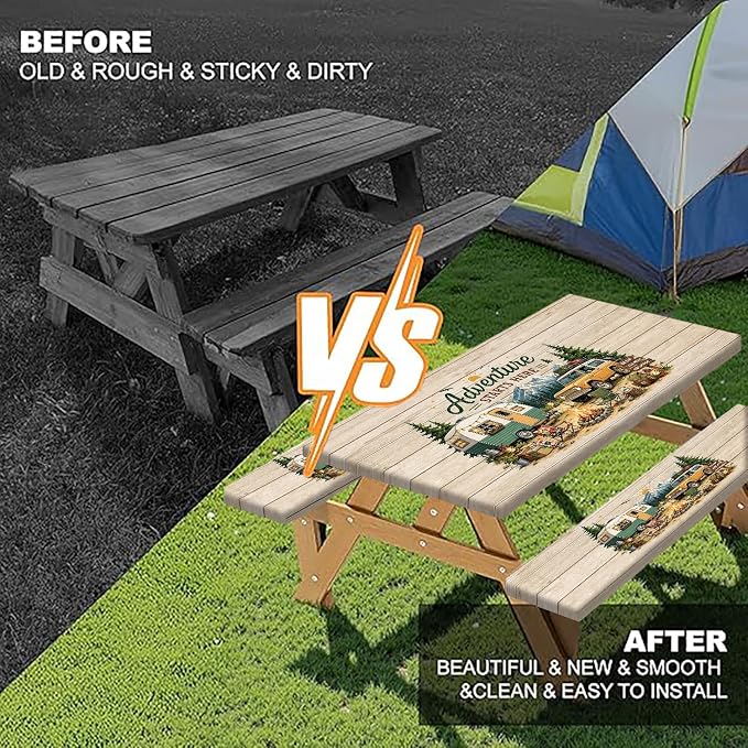 Picnic Table Cover with Bench Covers and Bag, Elastic Edges Waterproof Windproof Wooden RV Camper Outdoor Tablecloth, Camping Essentials, Fitted 6FT Rectangle Tables and Seats, 3 Pcs, 30x60 Inch