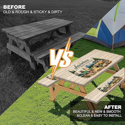 Picnic Table Cover with Bench Covers and Bag, Elastic Edges Waterproof Windproof Wooden RV Camper Outdoor Tablecloth, Camping Essentials, Fitted 6FT Rectangle Tables and Seats, 3 Pcs, 30x60 Inch