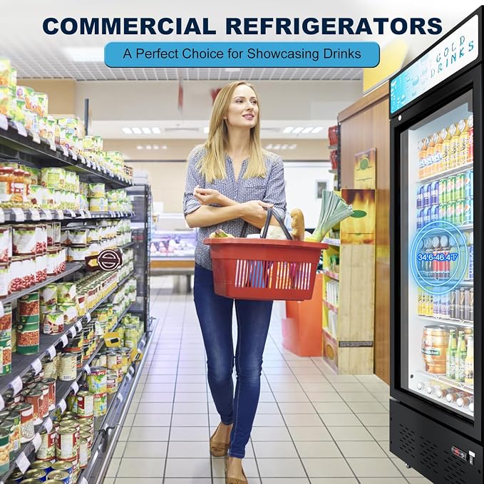 25.7'' W Commercial Refrigerators with Glass Door, 15 Cu.ft. Beverage Refrigerators Commercial Fridge Upright Display Cooler with Soft LED Light and Adjustable Shelves for Restaurant Stores