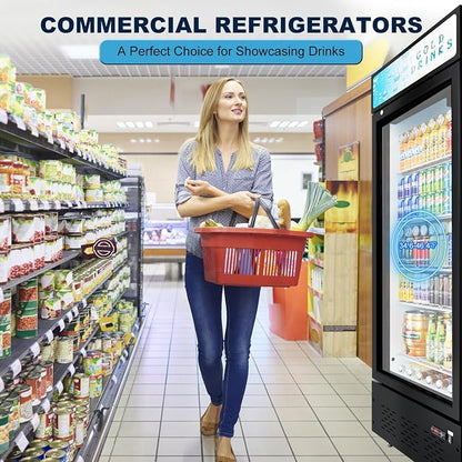 25.7'' W Commercial Refrigerators with Glass Door, 15 Cu.ft. Beverage Refrigerators Commercial Fridge Upright Display Cooler with Soft LED Light and Adjustable Shelves for Restaurant Stores