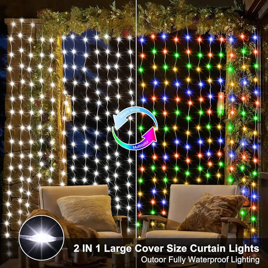 600 LED Curtain Lights 20Ftx10Ft Dual Color Changing Lights with Remote | Timer Connectable Christmas Lights Curtain Plug in Outdoor Waterproof for Bedroom Backdrop Decor, Cool White & Multicolor