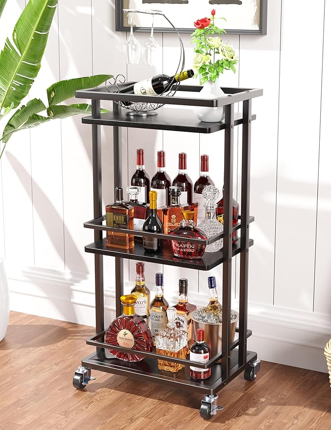 OKZEST 3-Tier Bar Cart for Home, Mini Rolling Liquor Cabinet & Serving Cart | Small alcohol coffee bar cart for party, Holds wine, liquor, beverage, glassware, shaker, coffee supplies, Rustic farmhouse