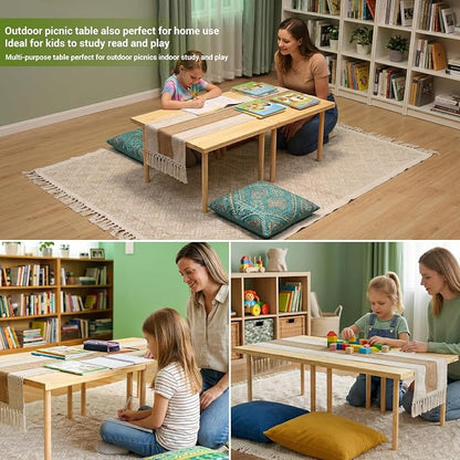 44"x30" Portable Boho Wooden Low Folding Picnic Table for Indoor Outdoor | Comes with Table Runner, Stable 8-leg Support & Thickened Structure, Thick Painted Tabletop Easy to Wipe, Fits 2-4 People