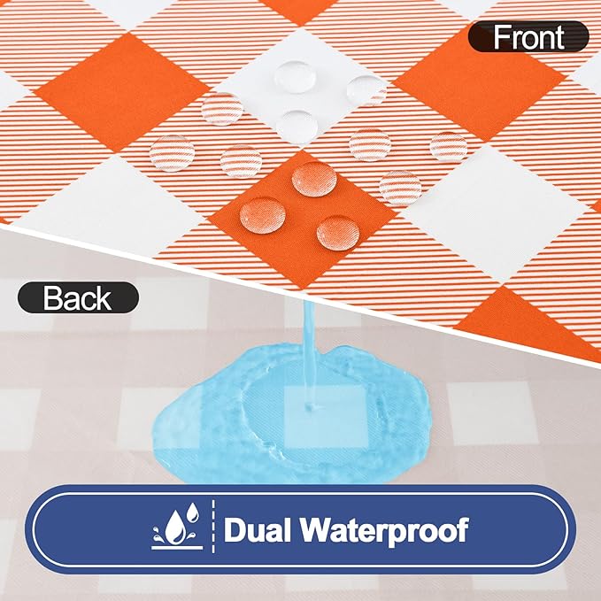 Smiry Picnic Table Cloth 2 Pack, Waterproof Elastic Fitted Tablecloths for 8FT Rectangle Tables, Washable Polyester Buffalo Plaid Tablecloth for Camping, Dining & Outdoor (Orange & White, 30" x 96")