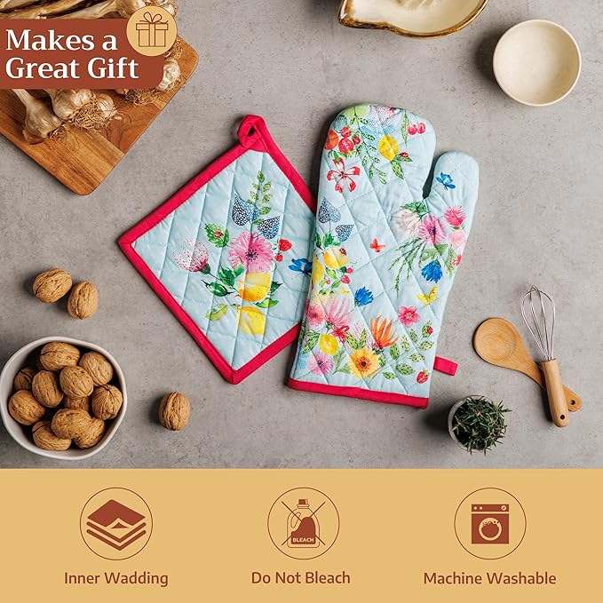 Maison d'Hermine Oven Gloves 100% Cotton Oven Mitt 7" x 13" with Loop Heat Resistant BBQ Cooking Gloves Baking Grilling Kitchen Hotel Home Farmhouse Spring Summer (Pack of 1, Jardin D'Ete - Fog)