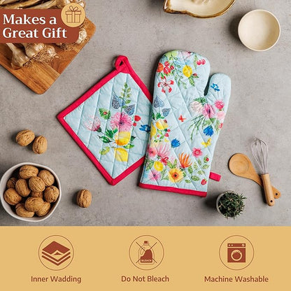 Maison d' Hermine Pot Holders 100% Cotton Heat Resistant Potholders 8" x 8" Hot Pads with Loop BBQ Baking Hotel Farmhouse Kitchen Handling Hot Pans Spring Summer (Pack of 1, Jardin D'Ete - Mint)
