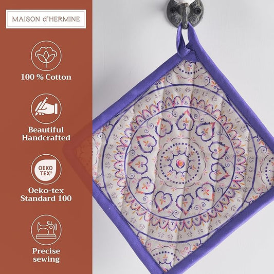 Maison d' Hermine Pot Holders 100% Cotton Heat Resistant Potholders 8" x 8" Hot Pads with Loop BBQ Cooking Baking Hotel Farmhouse Kitchen Handling Hot Pans Spring Summer (Pack of 1, Mandala)