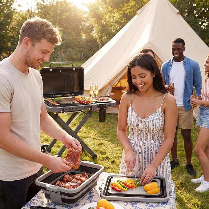 FEASTO Collapsible BBQ Prep Tubs with Cutting Board, 9-IN-1, 2 Tubs Portable Grill Prep Station with Side Brackets, Lids, Knives, Meat Claws and Drain Rack, Space-Saving for Kitchen & Camping, Red