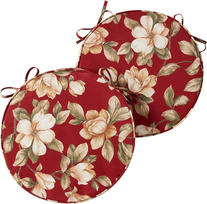 Set of 2 Outdoor 18 inch Round Patio Dining Chair Pads – Comfortable Fiber-Filled Seat Cushions with Ties, Reversible Polyester Fabric - Roma Floral