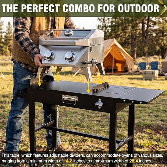 BESTFIRE 2-Burner Tabletop Propane Grill with Foldable Grill Cart, Portable Gas BBQ Station with Wheels & Prep Table, Dual-Fuel Setup for 1lb & 20lb Tanks, Stainless Steel Outdoor Kitchen for Camping