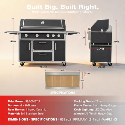 49" Propane Gas Stainless Steel Grill, 4 Burners & Infrared Burner, Grey | 304 stainless steel construction Garden & Outdoor Cooking 99,000 BTU Warming rack Storage drawers
