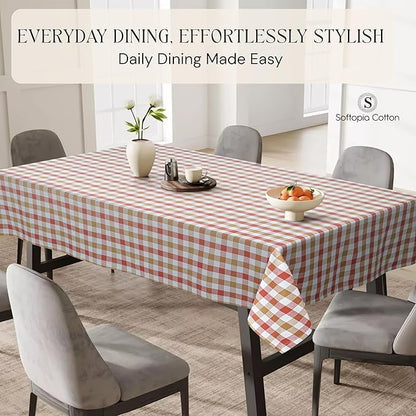 Gingham Check Tablecloth, 60x102 Inches, Reusable Farmhouse Dining Table Cover, 100% Cotton, Washable Table Linen for Thanksgiving, Fall Gatherings, Rust Tan and Natural Plaid