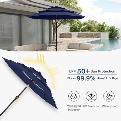 10FT Patio Umbrella 3 Tiers Outdoor Market Umbrella w/Push Button Tilt, Crank, UV and Waterproof Table Umbrella for Garden, Pool, Backyard, Deck, Lawn, Navy Blue
