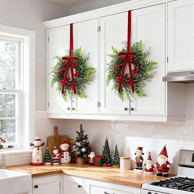 Suncalla 8 Pcs 11 Inch Mini Christmas Cabinet Wreath for Kitchen Christmas Berry Hanging Cabinet Wreath Decor with Red Bow Artificial Pine Candle Ring for Xmas Door Fireplaces Table Centerpiece