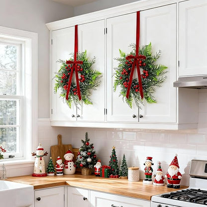 Suncalla 8 Pcs 11 Inch Mini Christmas Cabinet Wreath for Kitchen Christmas Berry Hanging Cabinet Wreath Decor with Red Bow Artificial Pine Candle Ring for Xmas Door Fireplaces Table Centerpiece