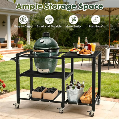 Outdoor Grill Table for Big Green Egg, BBQ Cart with Lockable Wheels | Suitable for Various Sizes of Green Egg Nest Grill Racks, Storage Rack & Bottle Opener, Prep Cooking Station for Party, Black