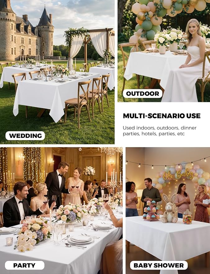 Decorelia White Reusable Table Cloths for 6 Ft Rectangle Table-2 Pack, Waterproof Washable Polyester Rustic Rectangular Table Cloth Cover for Wedding,Outdoor,Events, Party,Banquet, Dining, 60x102 Inch