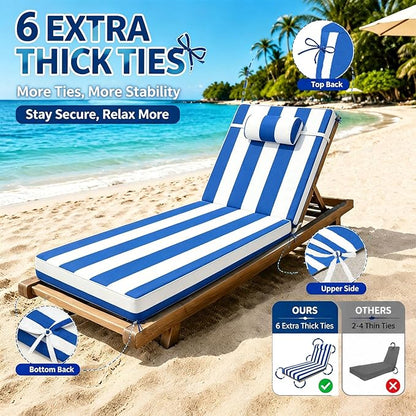 Chaise Lounge Cushion for Outdoor Furniture, Waterproof, Fade-Resistant and Tear Resistant, Patio Lounger Pads with Removable Cover for Pool, Deck, Lawn, 72x21x4 Inch, Blue & White Stripe