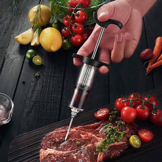 JY COOKMENT Meat Injector Syringe, 1-oz Marinade Flavor Injector with 2 Professional Needles,1 Cleaning Brushes(BLACK)