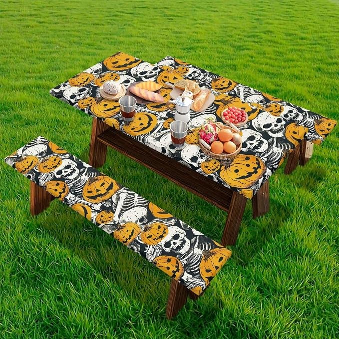 Halloween Pumpkin Skull Elastic Picnic Table Cover with Bench Covers Camping Table Cloth for Picnic Table 3 PCS Set Size S/L