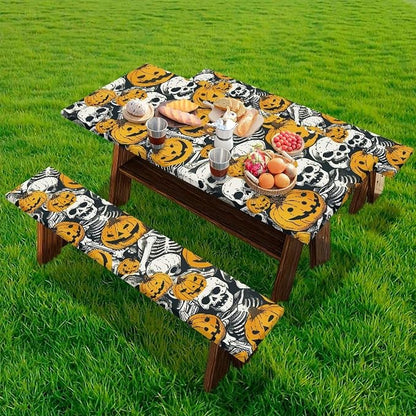 Halloween Pumpkin Skull Elastic Picnic Table Cover with Bench Covers Camping Table Cloth for Picnic Table 3 PCS Set Size S/L