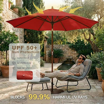 Kingdura 9FT Outdoor Patio Umbrella, Round Market Table Umbrella with Push‑Button Tilt and Crank Lift, 8 Sturdy Metal Ribs, UV50+ Protection Canopy for Backyard, Lawn, Deck, Poolside, Garden (Red)