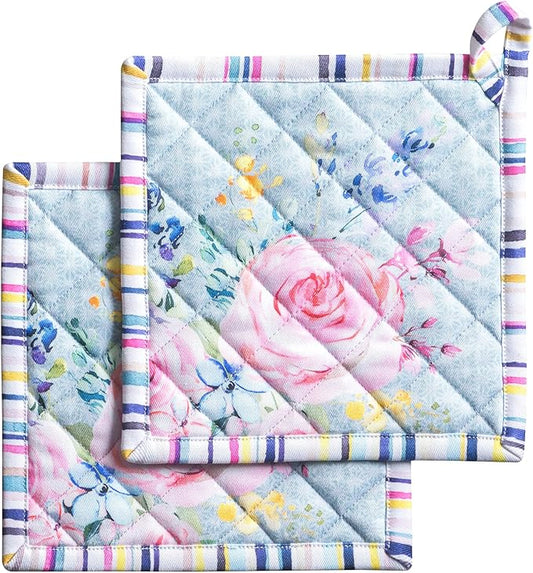 Maison d' Hermine Pot Holders 100% Cotton Heat Resistant Potholders 8" x 8" Hot Pads with Loop Baking Hotel Farmhouse Kitchen Handling Hot Pans Spring Summer (Pack of 2, Sweet Rose Lavender - Lush)