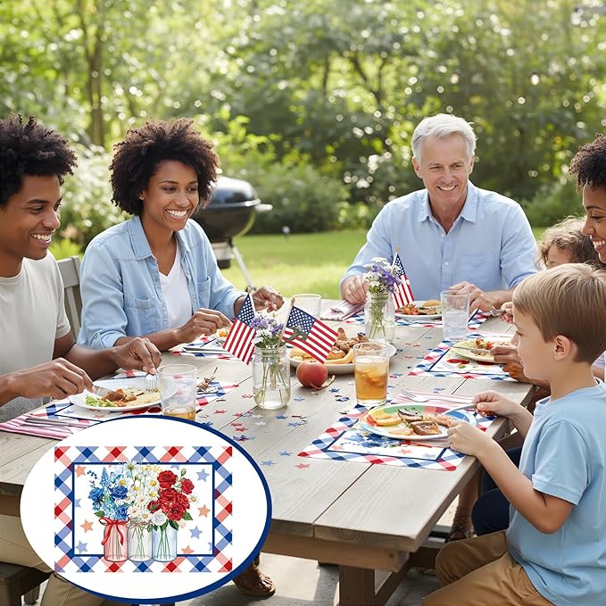 Eaasty 50 Pcs Patriotic Floral Paper Placemats 4th of July 250th Anniversary Disposable Table Mats with Flowers Plaid for Independence Day Memorial Day Supplies Party Table Setting Decoration