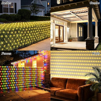 Lovelite 11.5ft x 5ft Solar Net Lights Outdoor, 240LED Christmas Mesh Lights Solar & USB Powered, Waterproof String Lights 8 Modes Green Wire for Bushes Patio Garden Holiday Party Decor (Warm White)