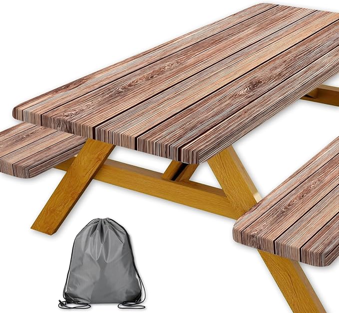 Picnic Table Cover with Bench Covers Camping Essentials Farmhouse Outdoor Table Covers Wood Grain Waterproof Windproof Fitted Tablecloth Cover with Elastic Edge for Indoor & Outdoor 3 PCS 30x72 Inch