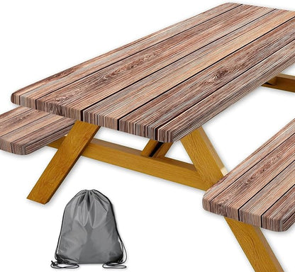 Picnic Table Cover with Bench Covers Camping Essentials Farmhouse Outdoor Table Covers Wood Grain Waterproof Windproof Fitted Tablecloth Cover with Elastic Edge for Indoor & Outdoor 3 PCS 30x72 Inch