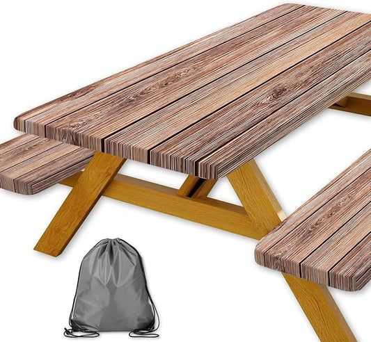 Picnic Table Cover with Bench Covers Camping Essentials Farmhouse Outdoor Table Covers Wood Grain Waterproof Windproof Fitted Tablecloth Cover with Elastic Edge for Indoor & Outdoor 3 PCS 30x60 Inch