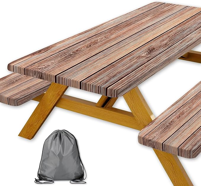 Picnic Table Cover with Bench Covers Camping Essentials Farmhouse Outdoor Table Covers Wood Grain Waterproof Windproof Fitted Tablecloth Cover with Elastic Edge for Indoor & Outdoor 3 PCS 30x96 Inch