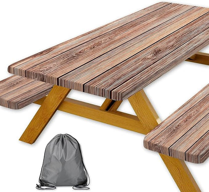 Picnic Table Cover with Bench Covers Camping Essentials Farmhouse Outdoor Table Covers Wood Grain Waterproof Windproof Fitted Tablecloth Cover with Elastic Edge for Indoor & Outdoor 3 PCS 30x96 Inch